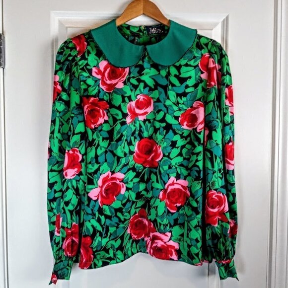 Mira Designer Couturier Floral Silk Long Sleeve Blouse - Picture 1 of 4